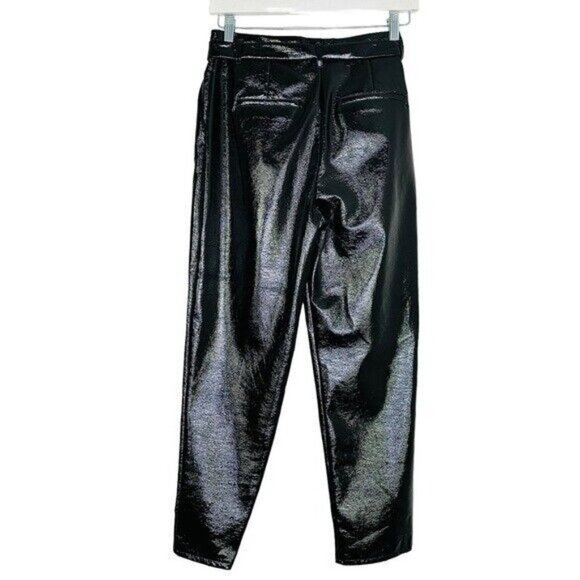 WHO What Wear High Waisted Belted Shiny Faux Leather Black Pants Size 2 - Picture 2 of 10